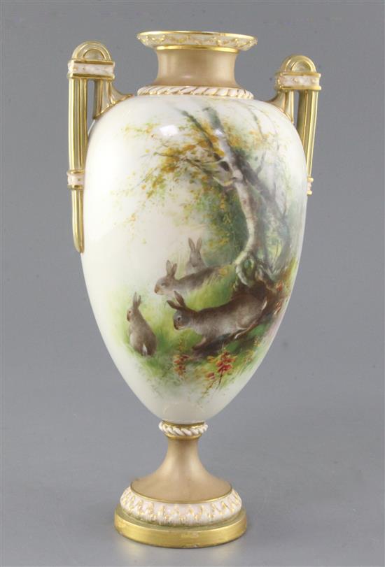Charley Baldwyn for Royal Worcester. A rare rabbit painted two handled vase,